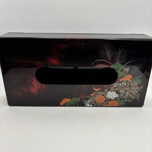 Vintage Japanese Yamanaka Black Lacquer Tissue Box Floral Made In Japan